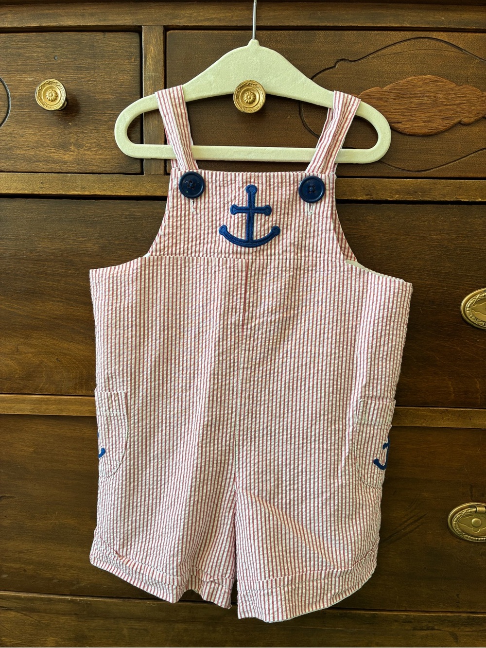 Red Seersucker Anchor Short Overalls for baby